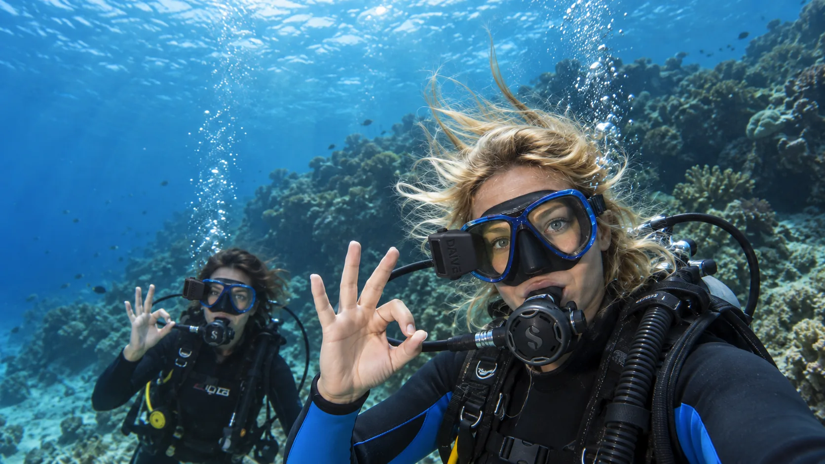 Illustrative concept scene of two divers exchanging hand signals underwater while wearing DAÏVE HUD concepts