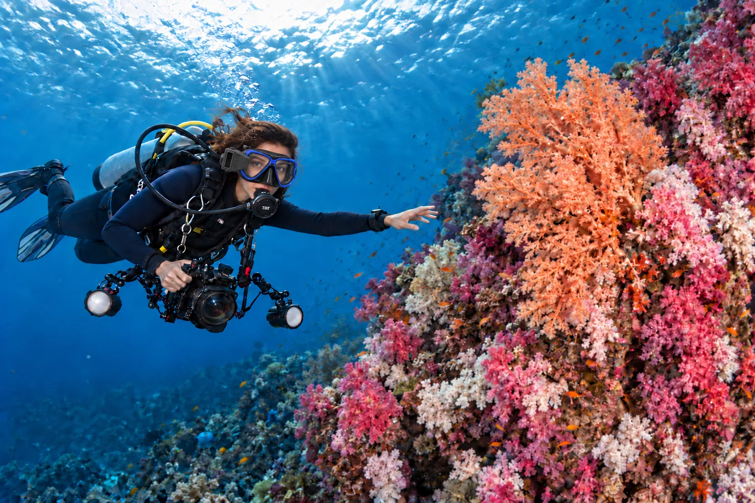 Illustrative concept scene of an underwater photographer over a reef