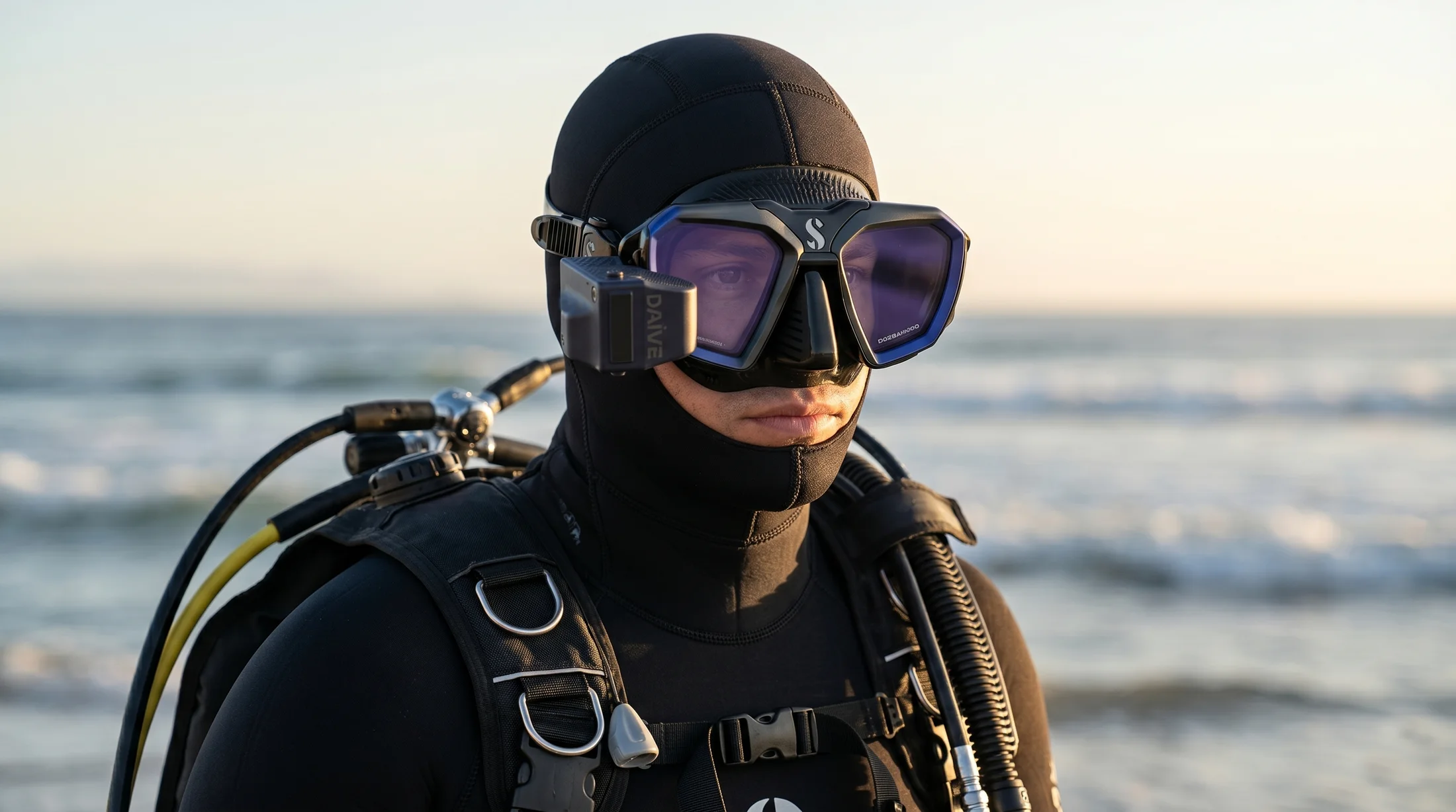 Diver underwater wearing the DAÏVE HUD concept